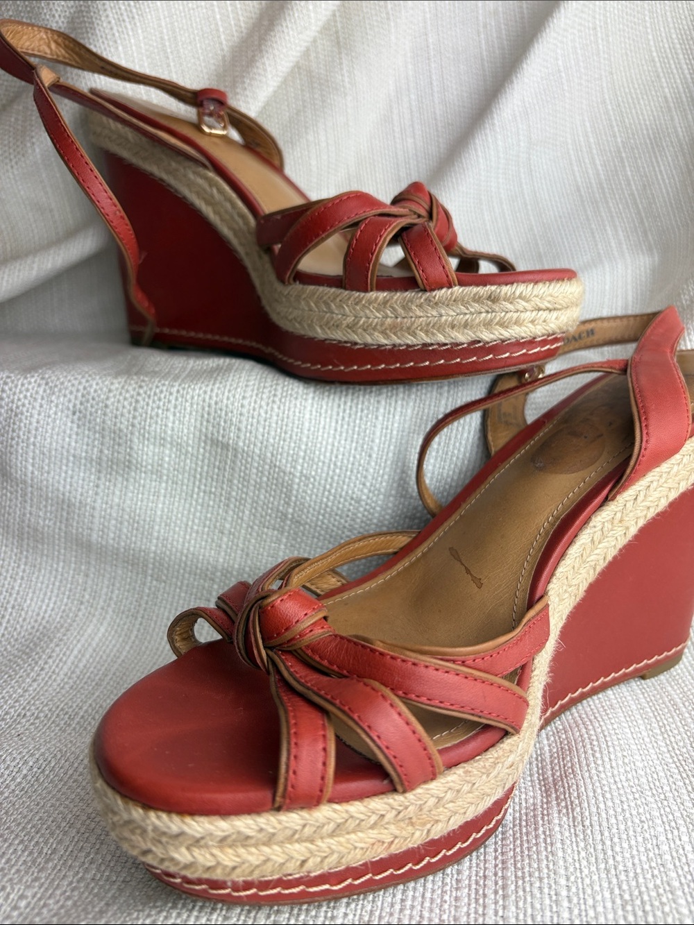 Coach Coral Red Leather Espadrille Wedge Dalton 9.5